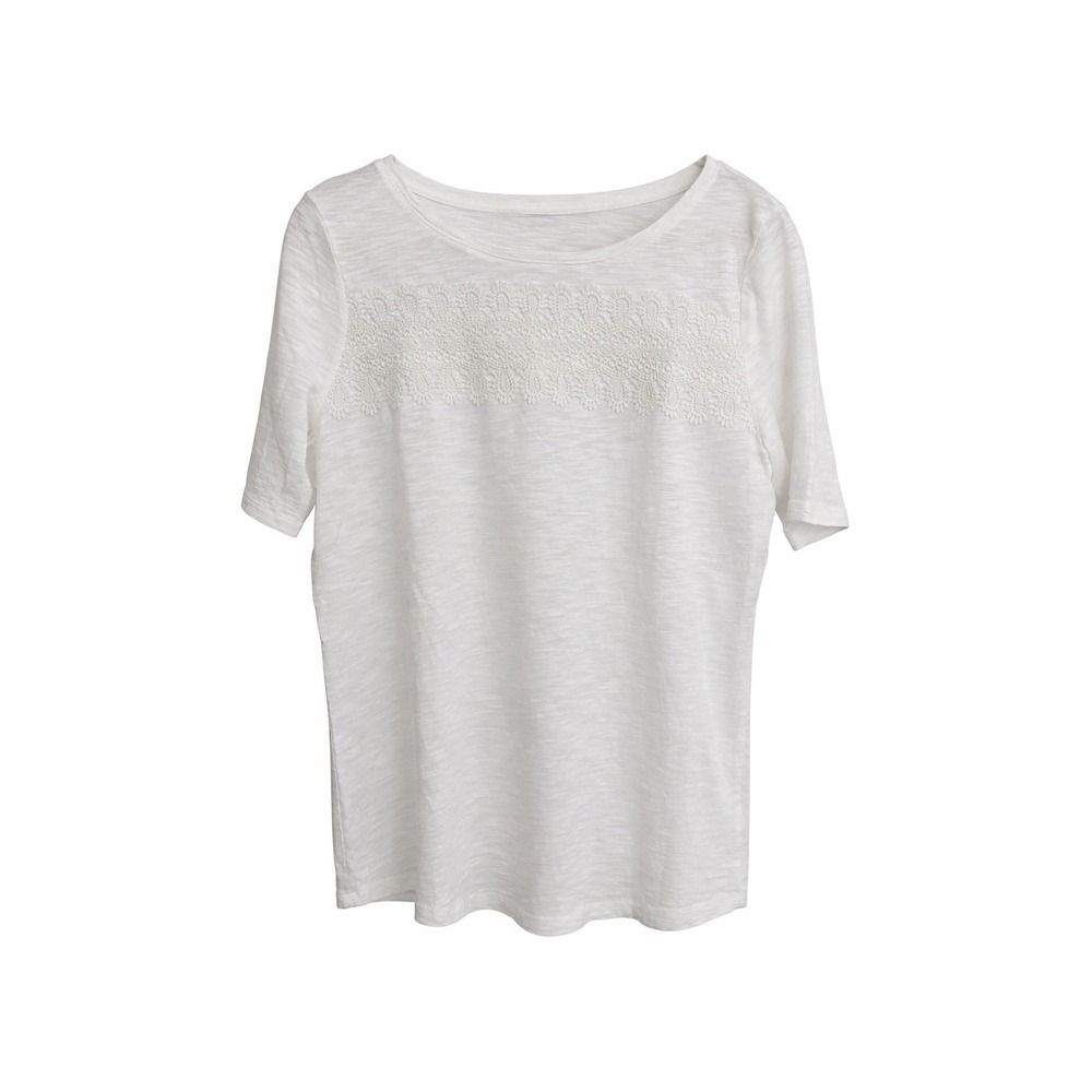Talbots Size M White Crochet Detail Tee Cotton:Modal Elevated T-Shirt